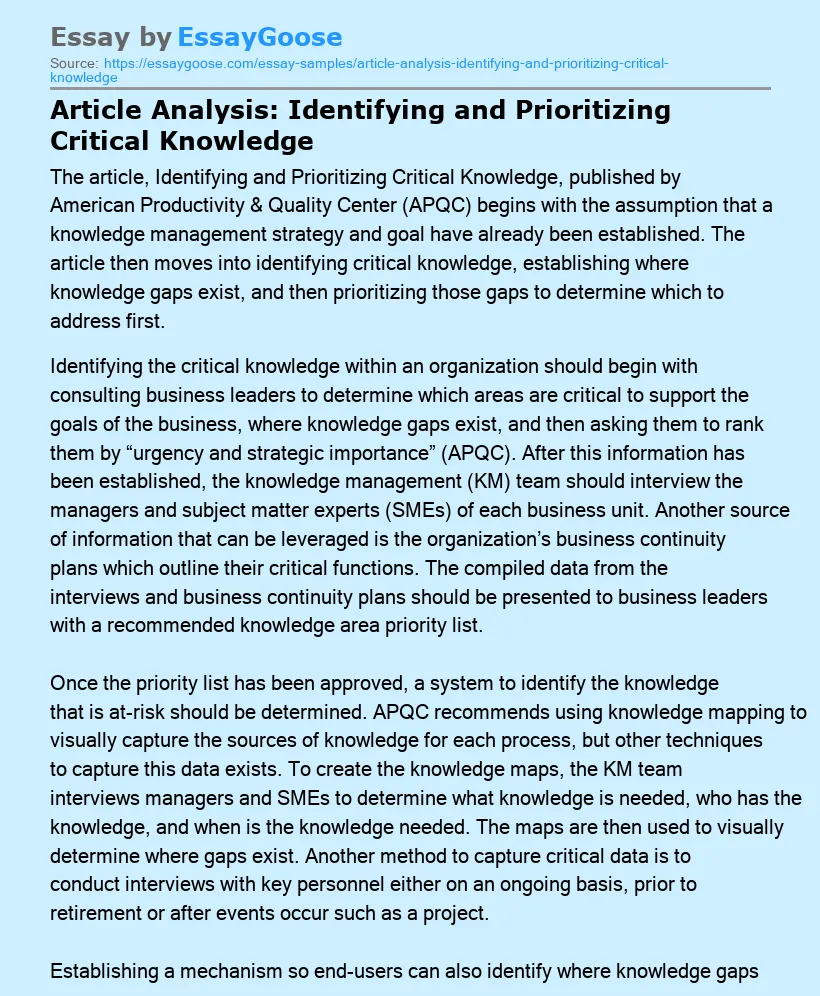 Article Analysis: Identifying and Prioritizing Critical Knowledge