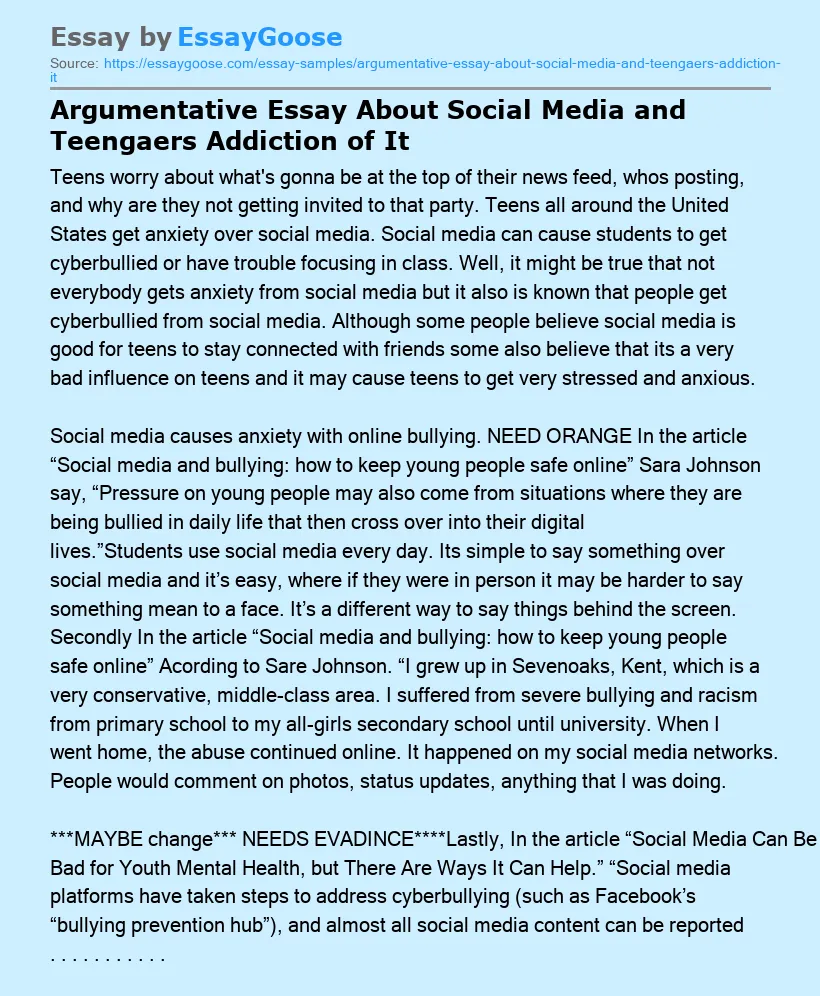 Argumentative Essay About Social Media and Teengaers Addiction of It