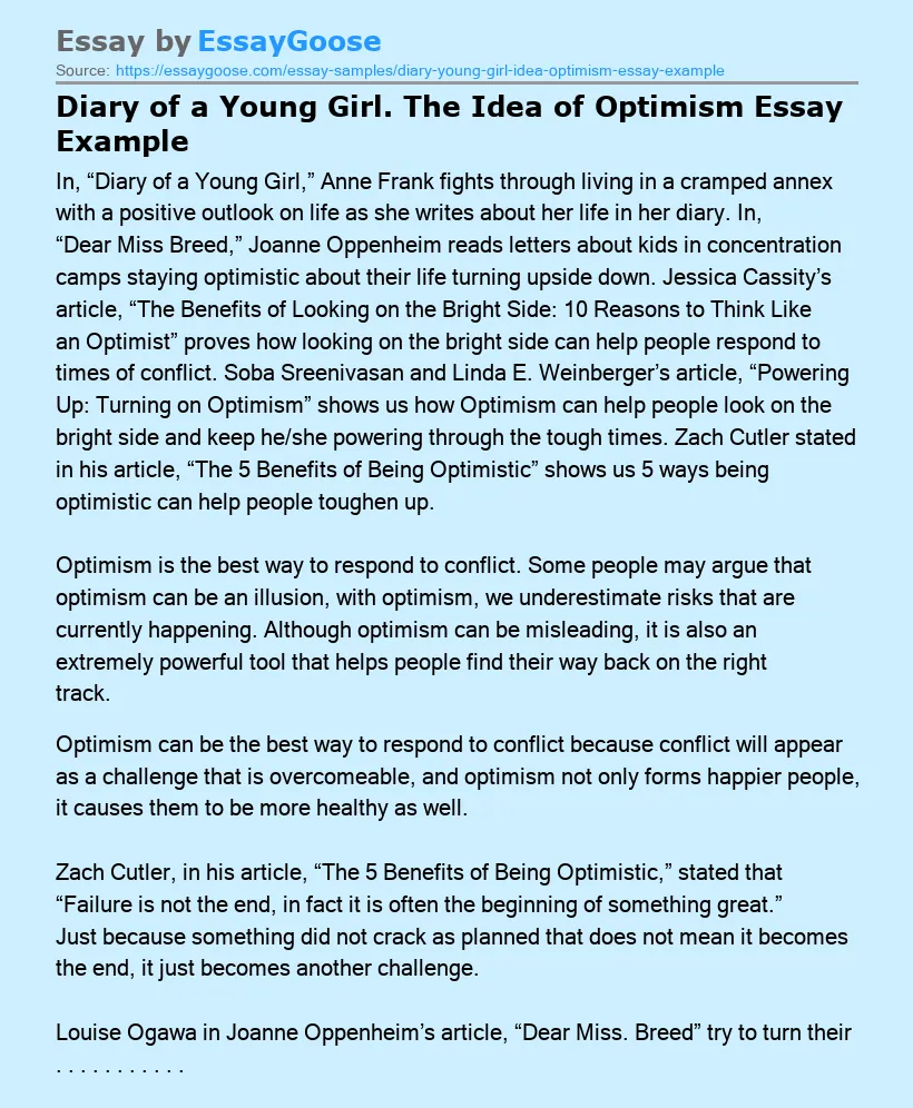 Diary of a Young Girl. The Idea of Optimism Essay Example