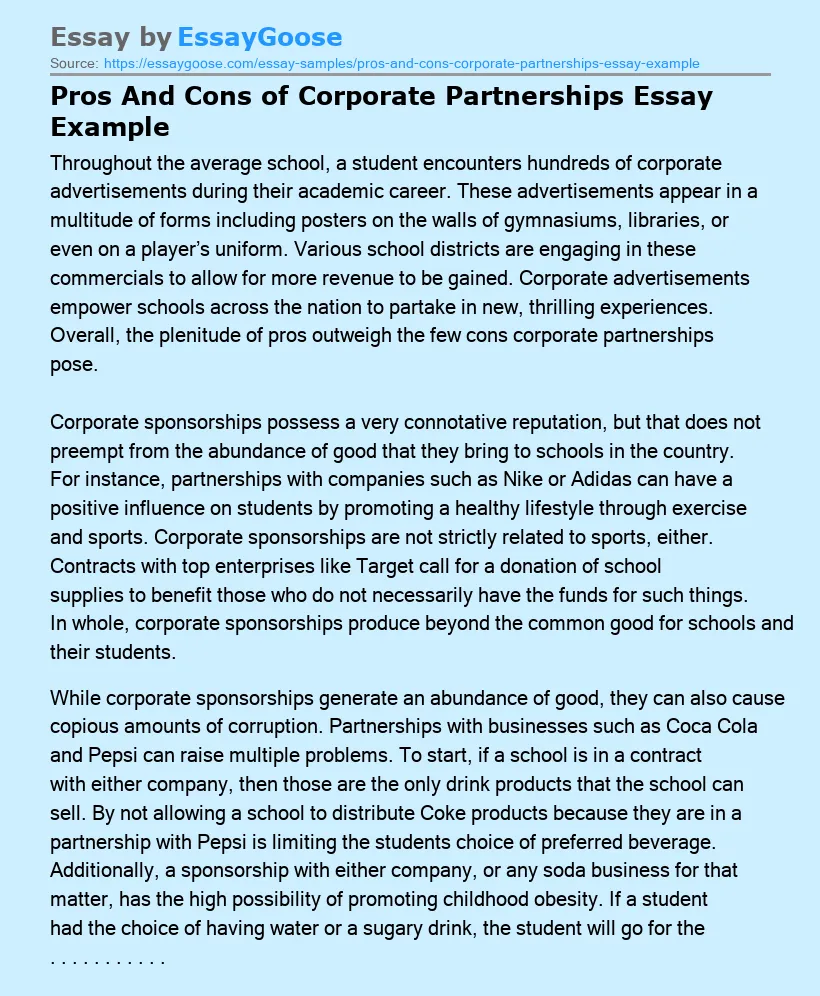 Pros And Cons of Corporate Partnerships Essay Example