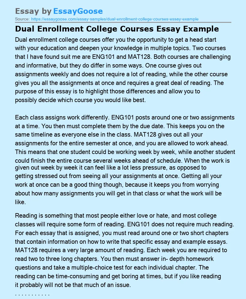 Dual Enrollment College Courses Essay Example