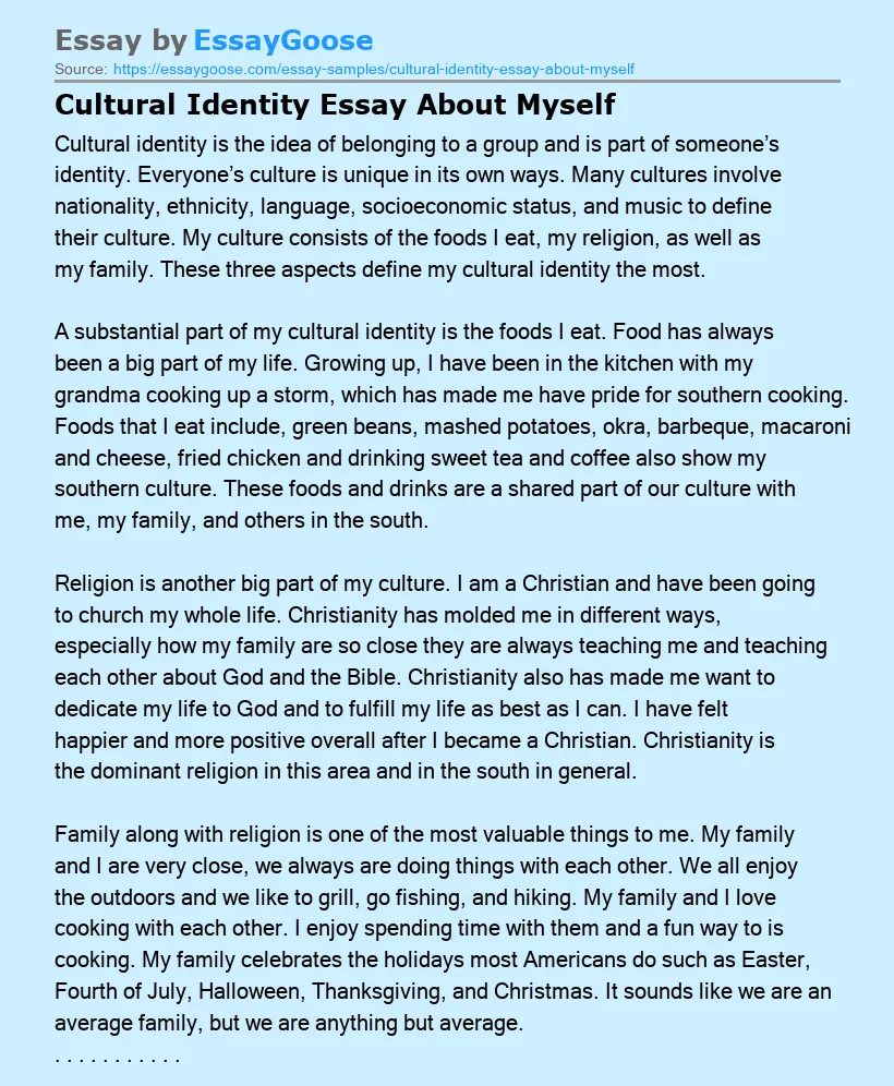 Cultural Identity Essay About Myself