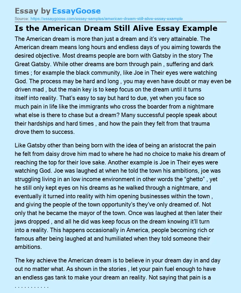 Is the American Dream Still Alive Essay Example