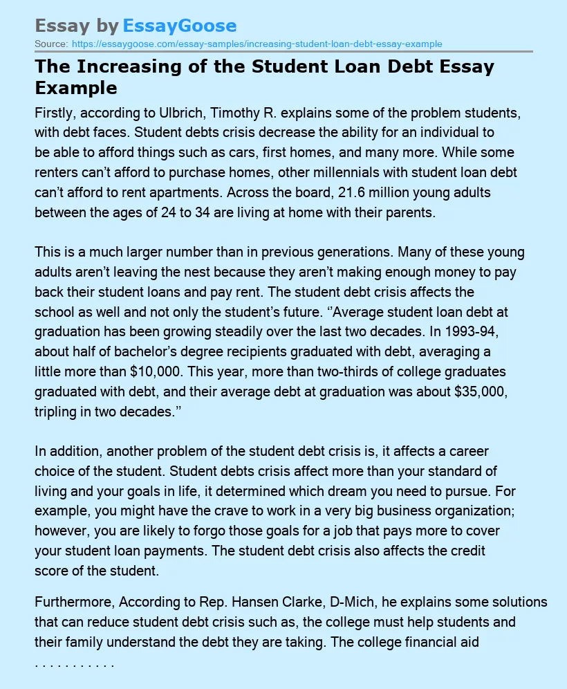 The Increasing of the Student Loan Debt Essay Example