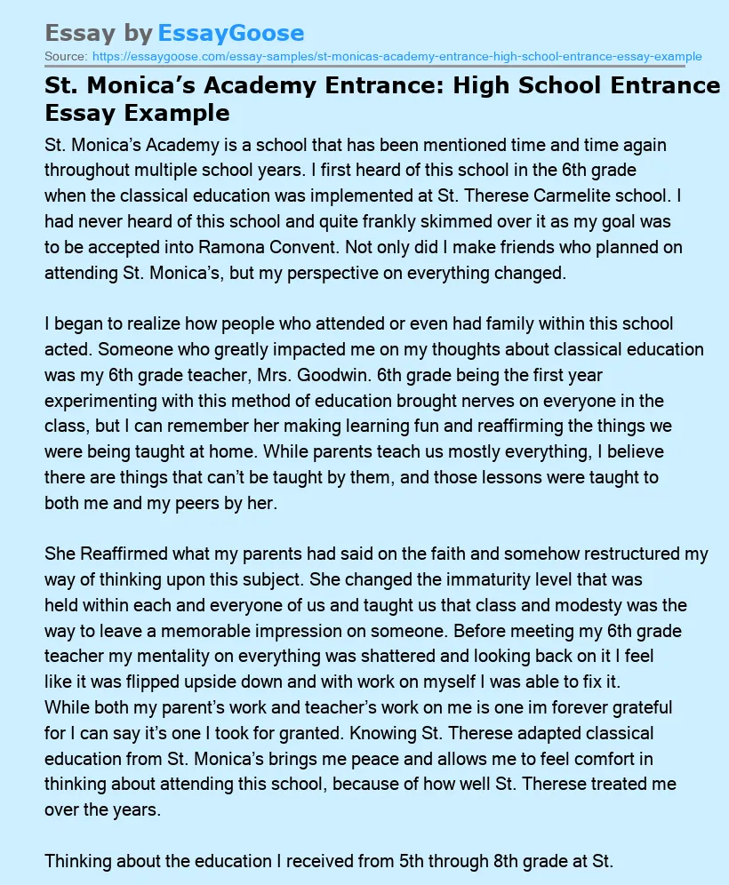 St. Monica’s Academy Entrance: High School Entrance Essay Example
