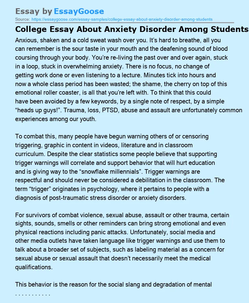 College Essay About Anxiety Disorder Among Students
