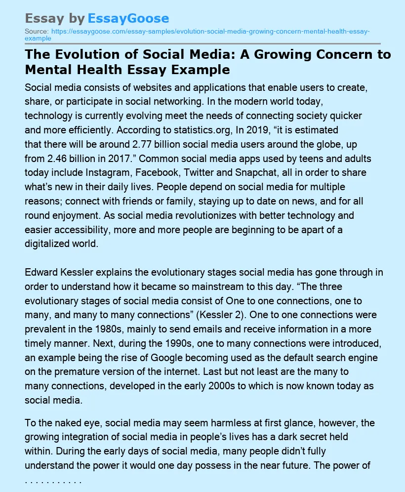 The Evolution of Social Media: A Growing Concern to Mental Health Essay Example