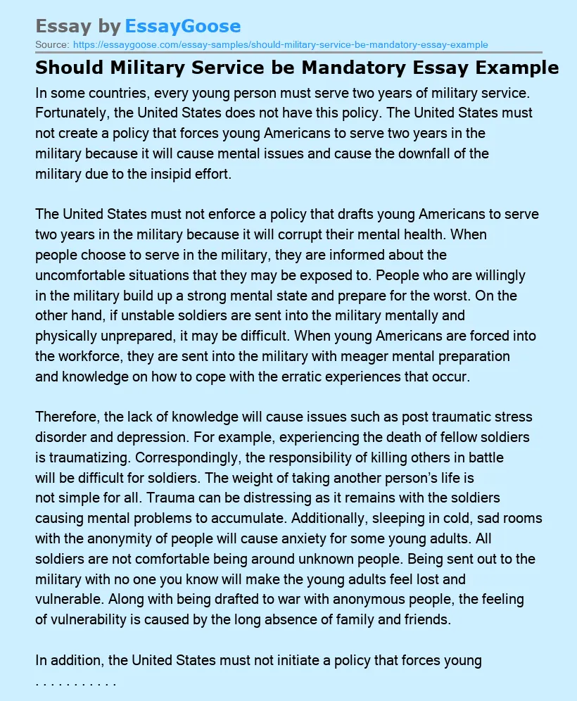 Should Military Service be Mandatory Essay Example