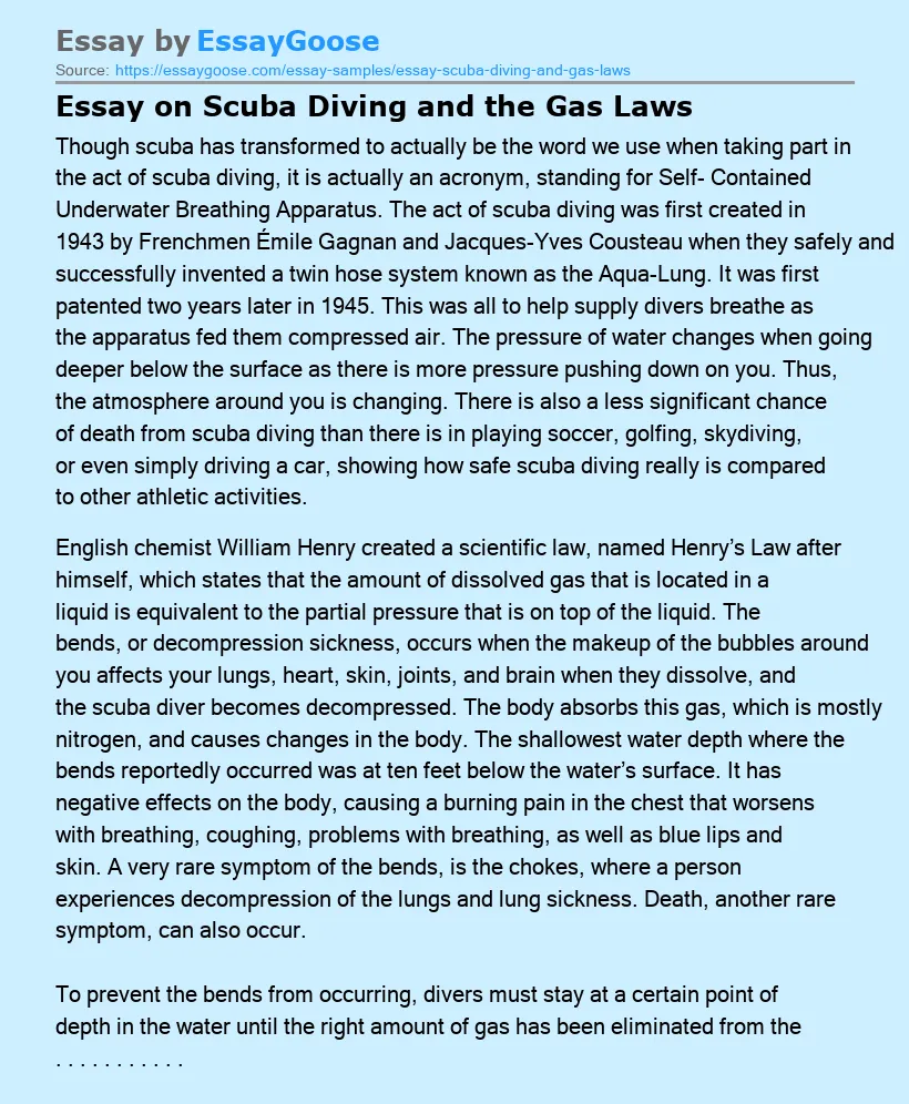 Essay on Scuba Diving and the Gas Laws