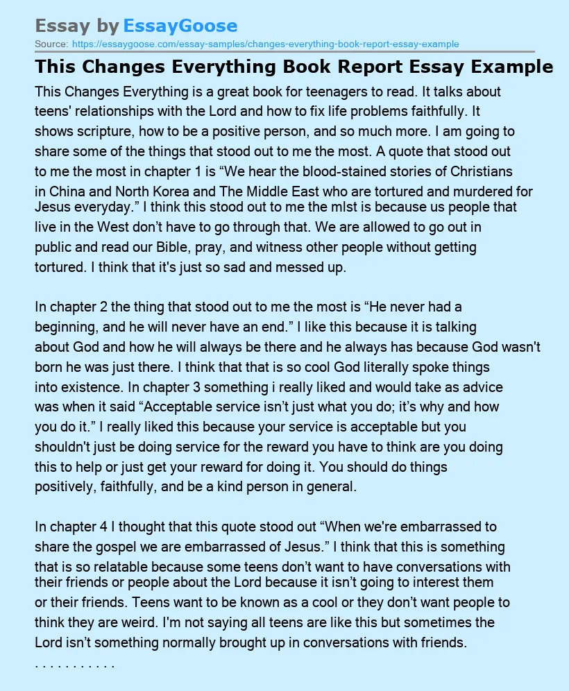 This Changes Everything Book Report Essay Example