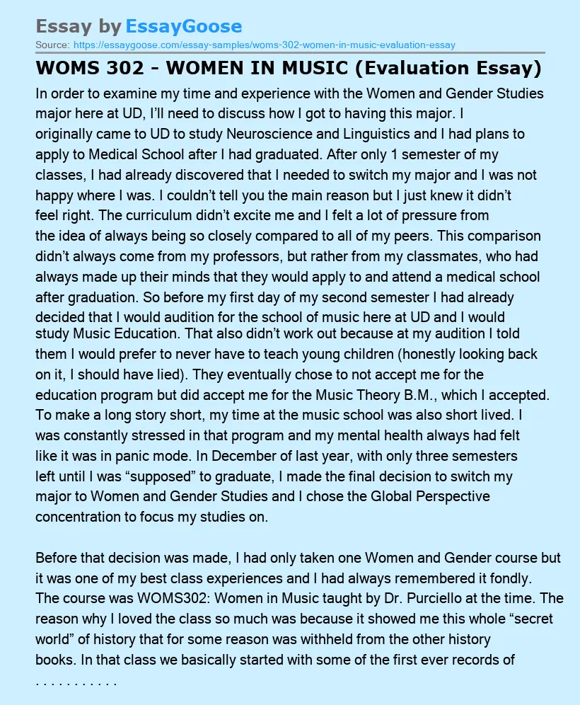WOMS 302 - WOMEN IN MUSIC (Evaluation Essay)