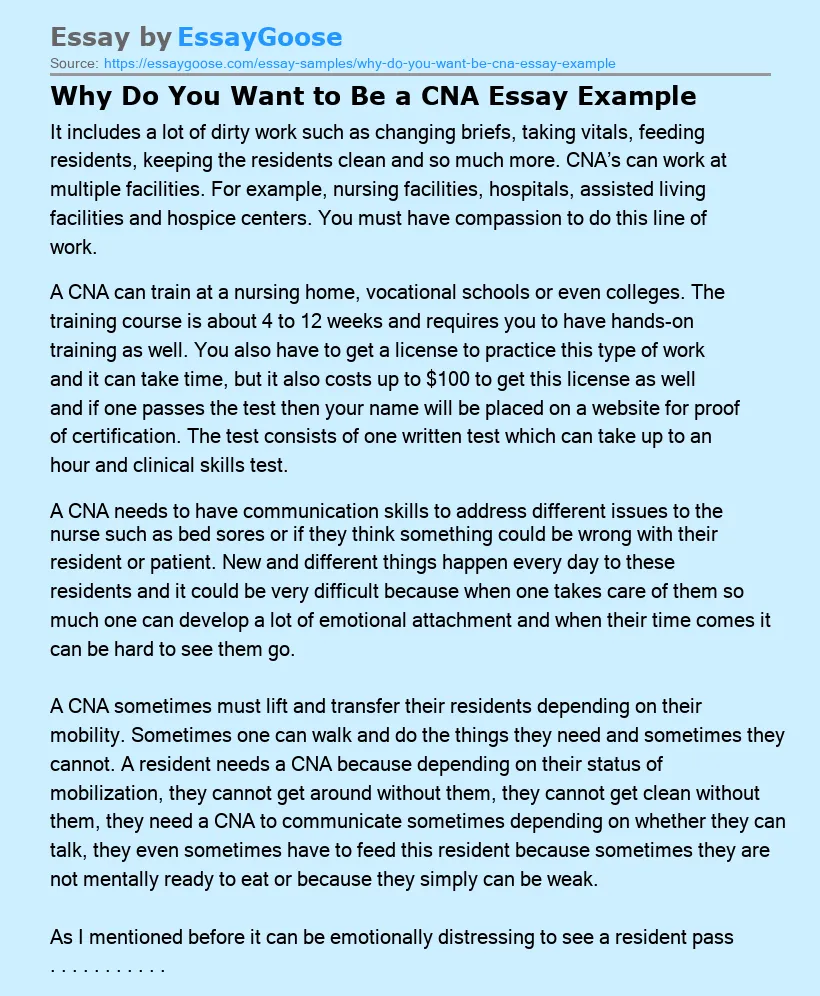 Why Do You Want to Be a CNA Essay Example