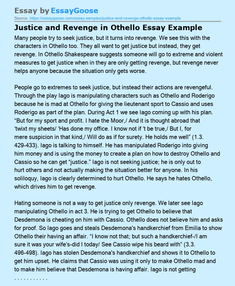 Justice and Revenge in Othello Essay Example
