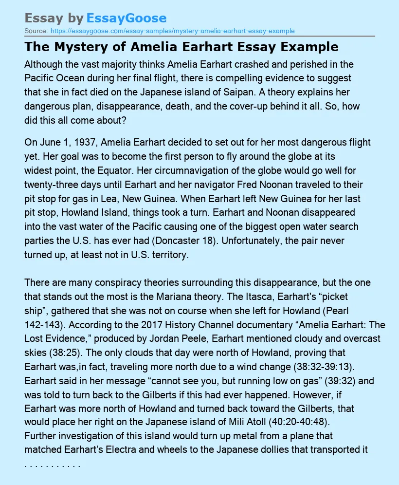 The Mystery of Amelia Earhart Essay Example