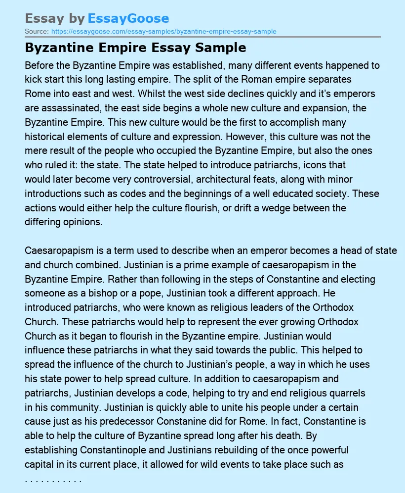 Byzantine Empire Essay Sample