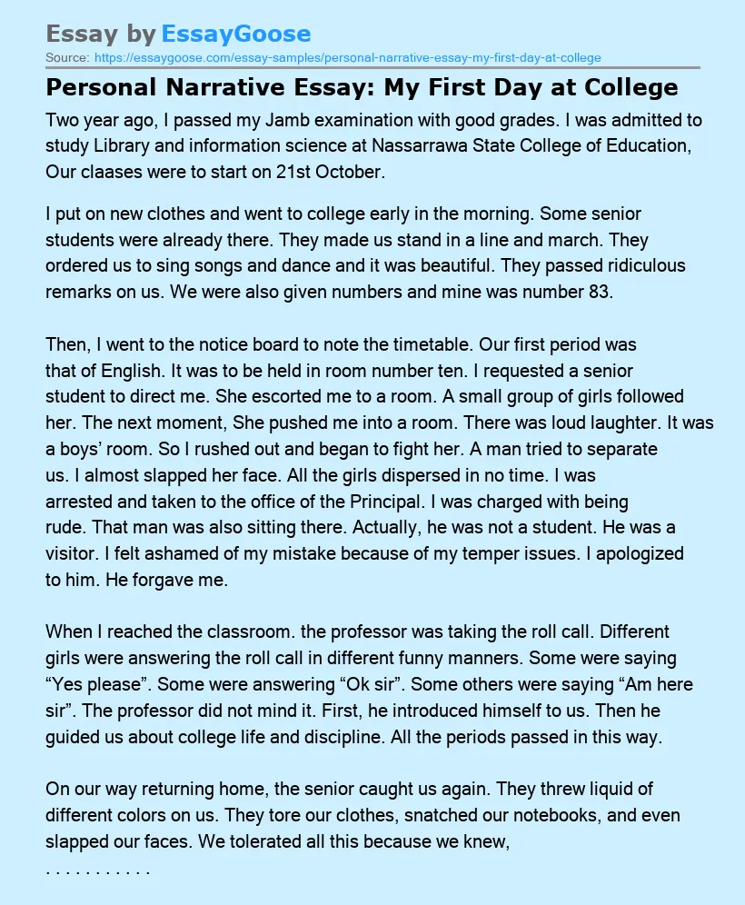 Personal Narrative Essay: My First Day at College