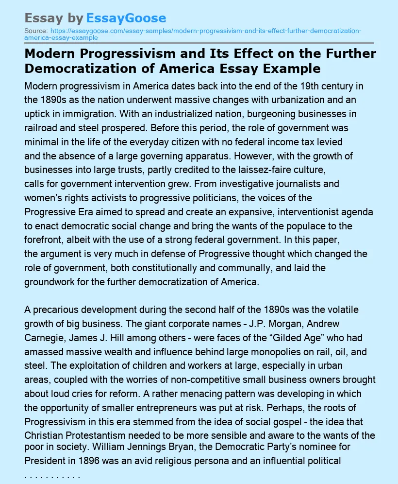 Modern Progressivism and Its Effect on the Further Democratization of America Essay Example