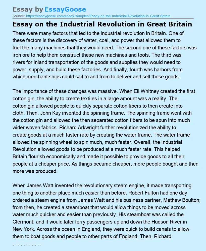 Essay on the Industrial Revolution in Great Britain