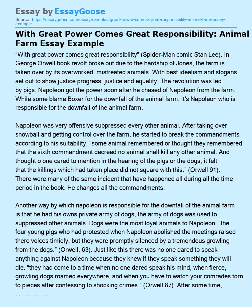 With Great Power Comes Great Responsibility: Animal Farm Essay Example