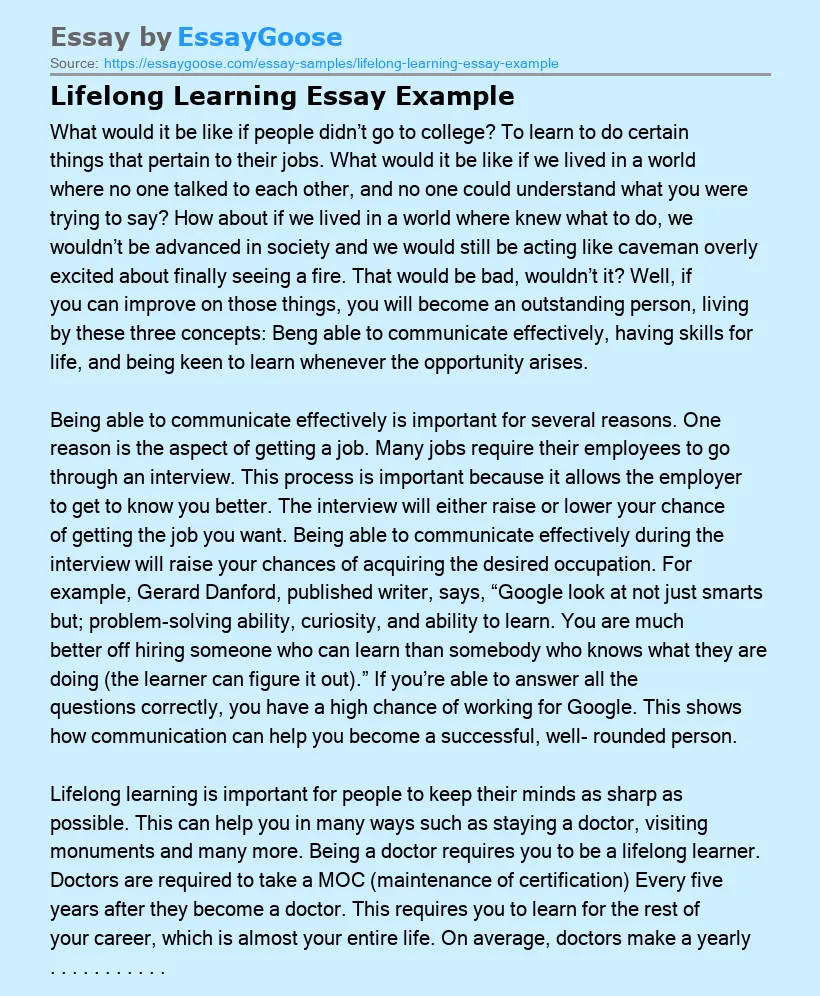 Lifelong Learning Essay Example