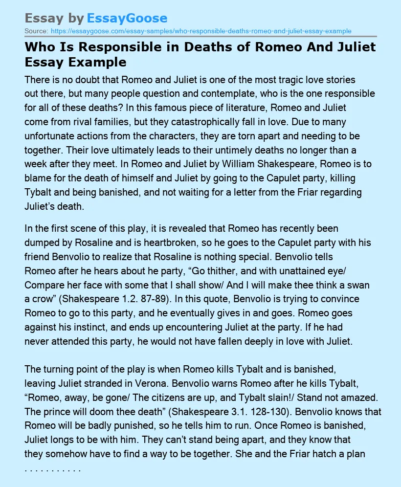 Who Is Responsible in Deaths of Romeo And Juliet Essay Example
