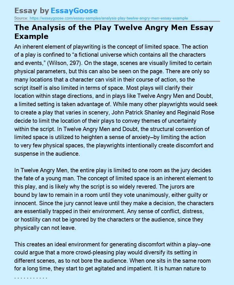 The Analysis of the Play Twelve Angry Men Essay Example