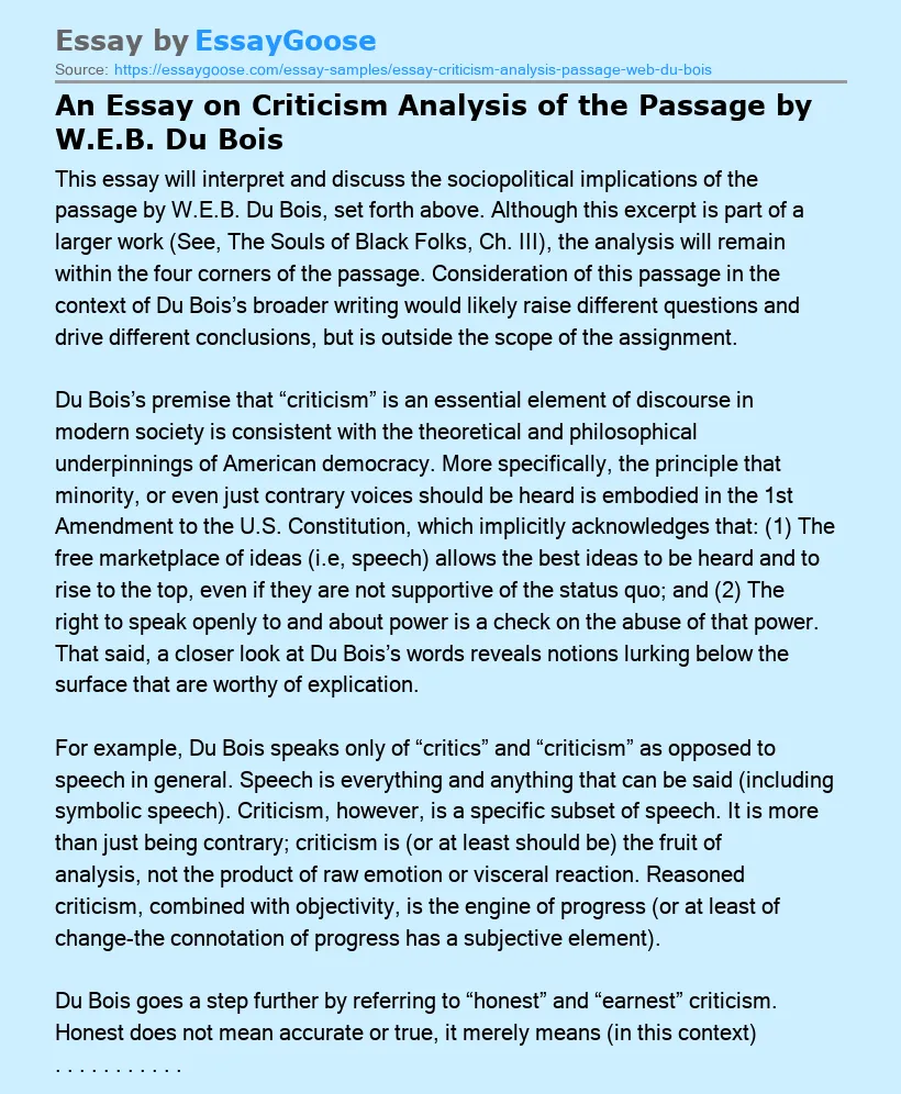 An Essay on Criticism Analysis of the Passage by W.E.B. Du Bois