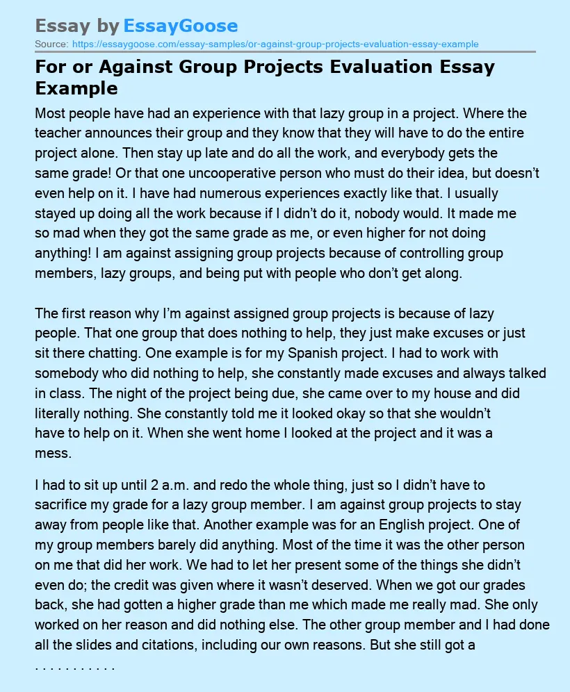 For or Against Group Projects Evaluation Essay Example