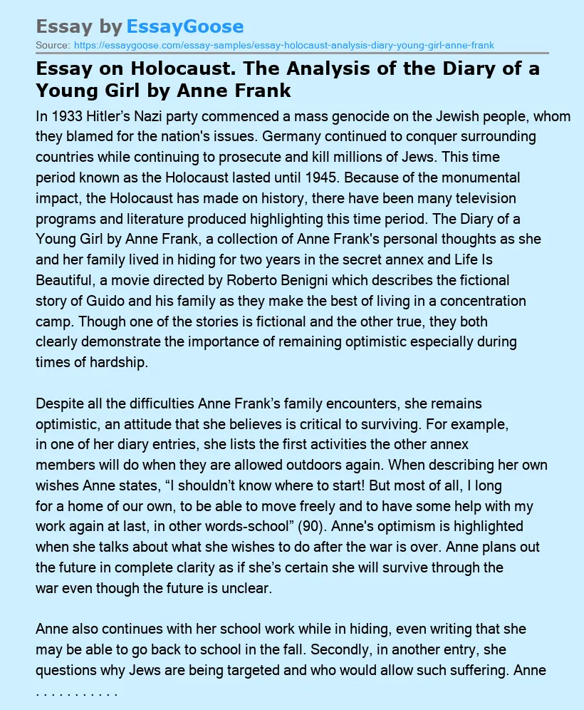 Essay on Holocaust. The Analysis of the Diary of a Young Girl by Anne Frank