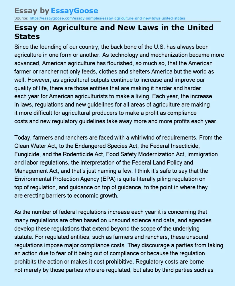 Essay on Agriculture and New Laws in the United States