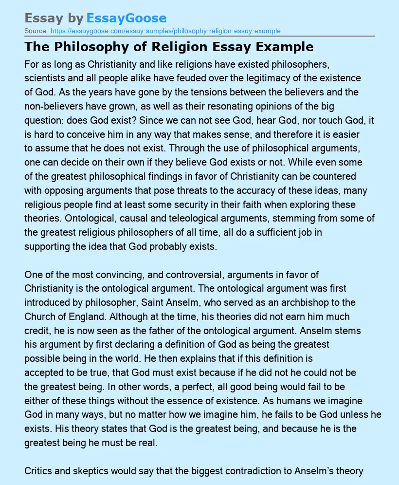 The Philosophy of Religion Essay Example