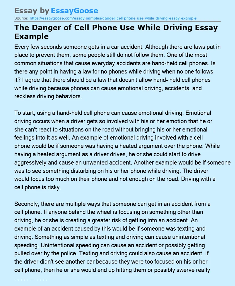 The Danger of Cell Phone Use While Driving Essay Example