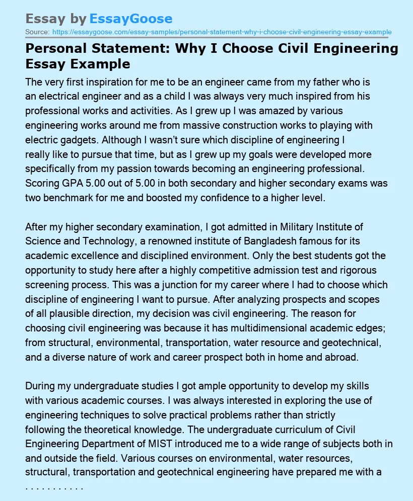 Personal Statement: Why I Choose Civil Engineering Essay Example