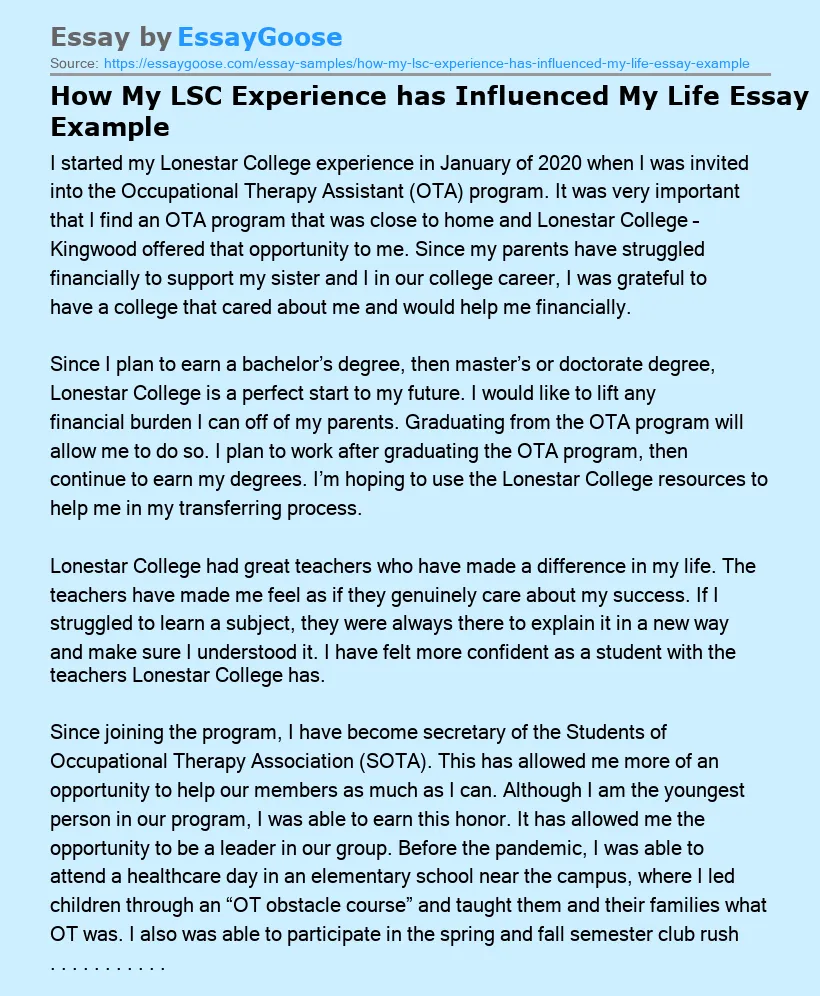 How My LSC Experience has Influenced My Life Essay Example