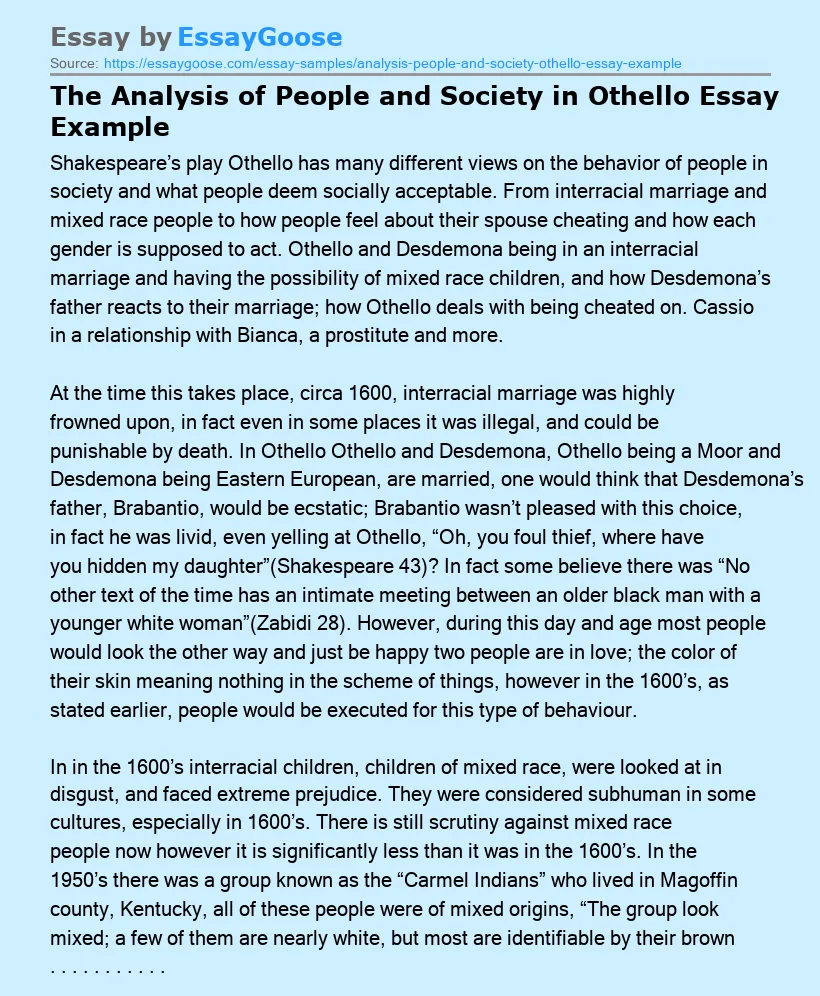 The Analysis of People and Society in Othello Essay Example
