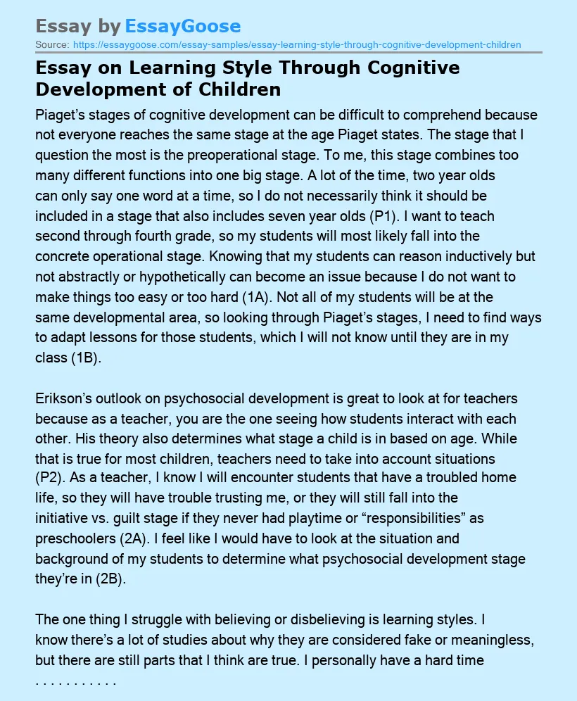 Essay on Learning Style Through Cognitive Development of Children
