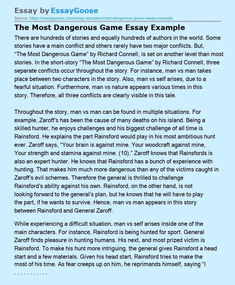 The Most Dangerous Game Essay Example