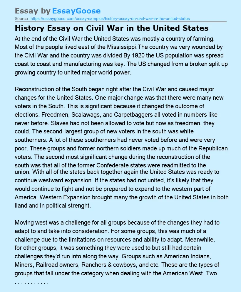 History Essay on Civil War in the United States