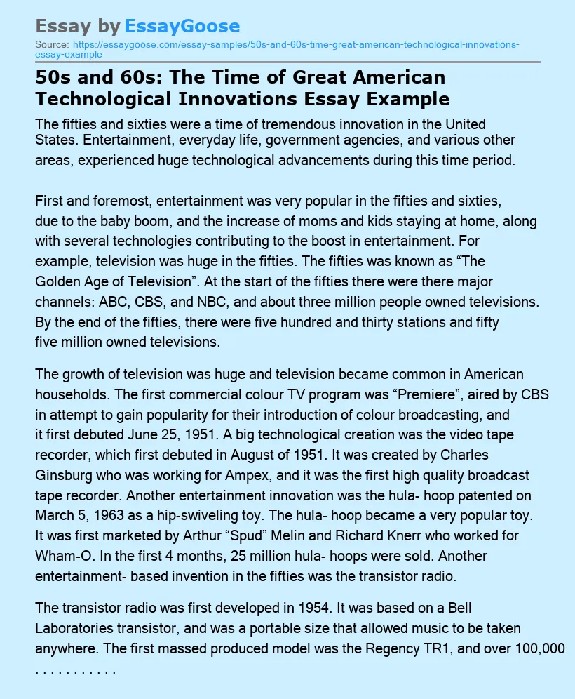 50s and 60s: The Time of Great American Technological Innovations Essay Example