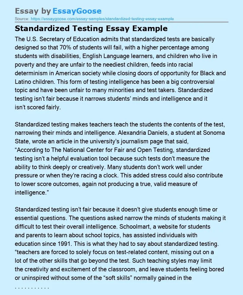 Standardized Testing Essay Example