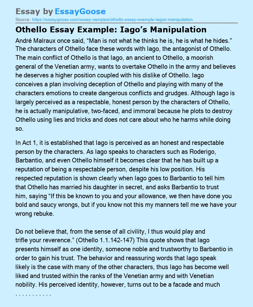 Othello Essay Example: Iago’s Manipulation