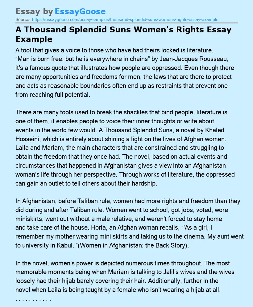 A Thousand Splendid Suns Women's Rights Essay Example