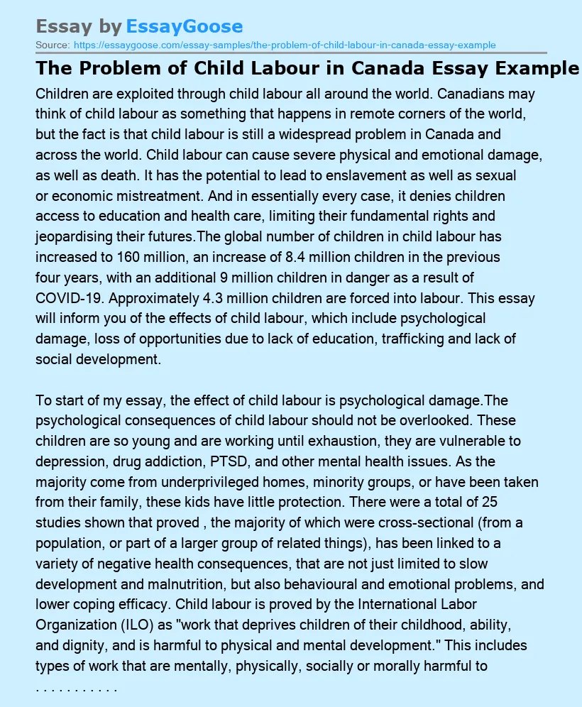 The Problem of Child Labour in Canada Essay Example