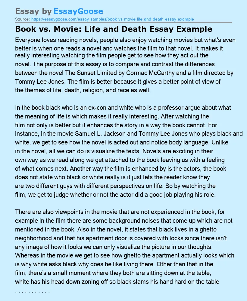 Book vs. Movie: Life and Death Essay Example