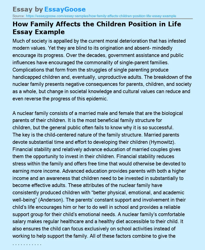How Family Affects the Children Position in Life Essay Example