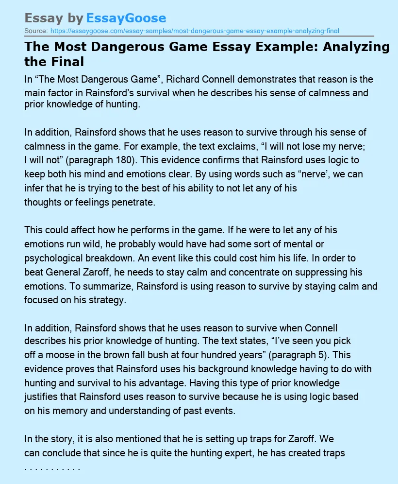The Most Dangerous Game Essay Example: Analyzing the Final