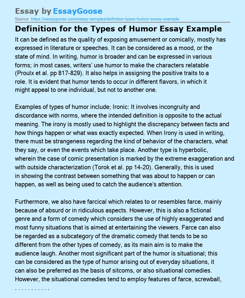 Definition for the Types of Humor Essay Example