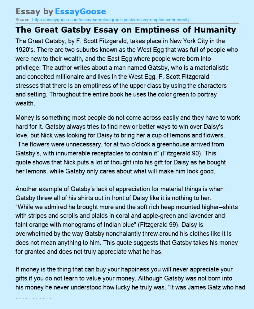 The Great Gatsby Essay on Emptiness of Humanity