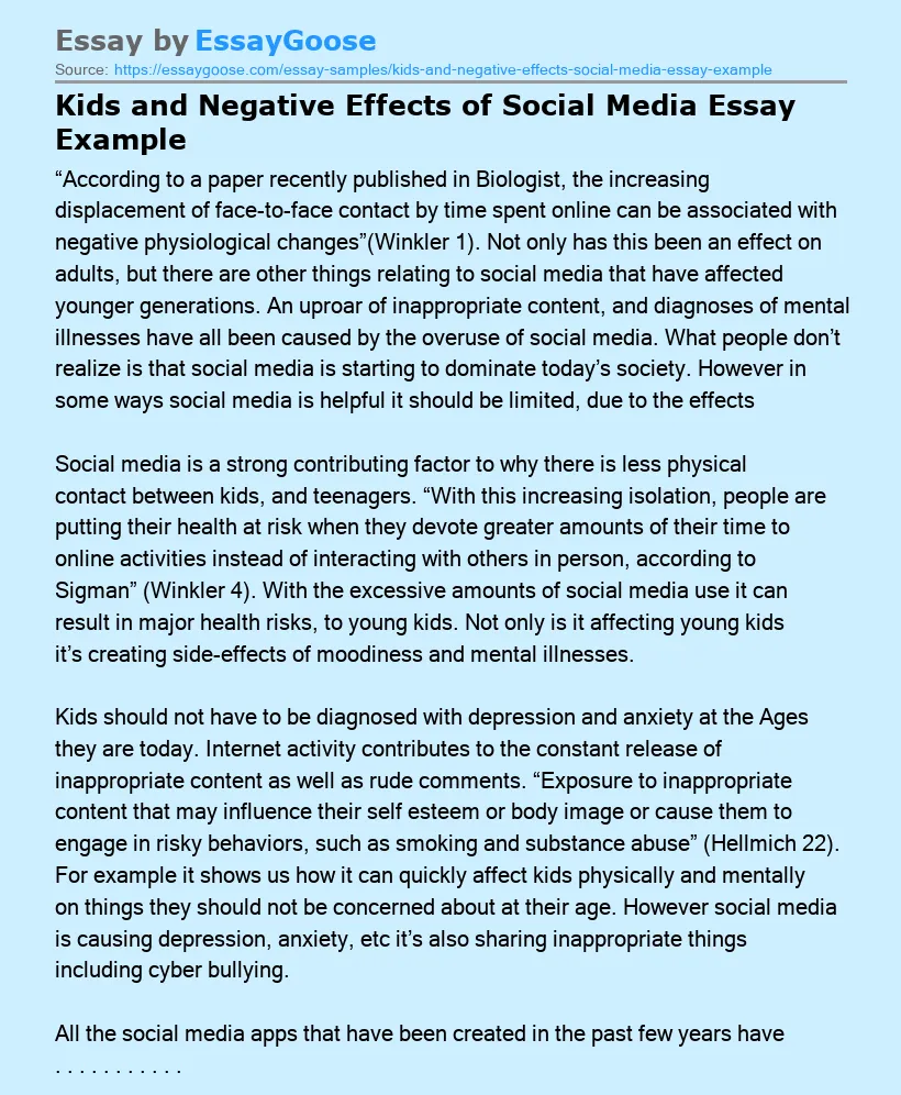 Kids and Negative Effects of Social Media Essay Example