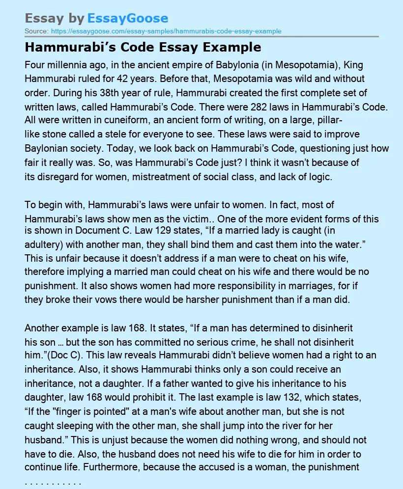 Hammurabi’s Code Essay Example